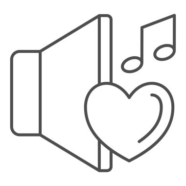 Kalp ve not ince çizgi ikonu, ses tasarımı konsepti, beyaz arka planda müzik vektörü işareti sevgisi, mobil konsept ve web tasarımı için taslak tarzı ikonu olan konuşmacı. Vektör grafikleri.