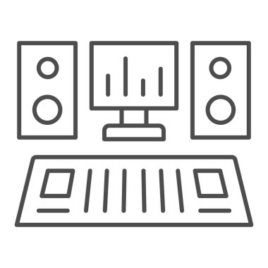 Monitör ve hoparlörlü stüdyo konsolu, ince çizgi simgesi, müzik konsepti, beyaz arka planda ses vektörü işareti, mobil konsept ve web tasarımı için taslak stil ikonu. Vektör grafikleri.