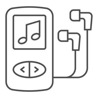 MP3 çalar, kulaklıklar ve ince nota simgesi, elektronik konsept, beyaz arka planda müzik çalar vektör işareti, mobil konsept ve web tasarımı için taslak tarzı simgesi. Vektör grafikleri.