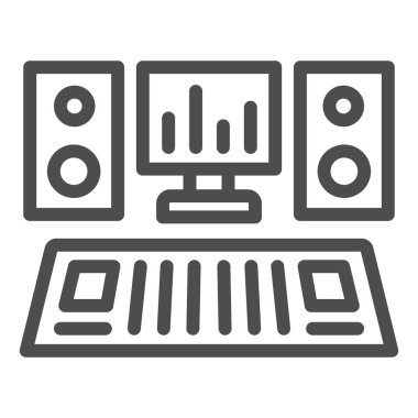 Monitör ve hoparlör çizgisi simgesi, müzik konsepti, beyaz arka planda ses vektörü işareti, mobil konsept ve web tasarımı için taslak biçimli simge içeren stüdyo konsolu kaydediliyor. Vektör grafikleri.