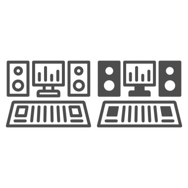 Monitör ve hoparlör hattı, sağlam ikon, müzik konsepti, beyaz arkaplan üzerinde ses vektörü işareti, mobil konsept ve web tasarımı için taslak biçimli simge içeren stüdyo konsolu kaydediliyor. Vektör grafikleri.