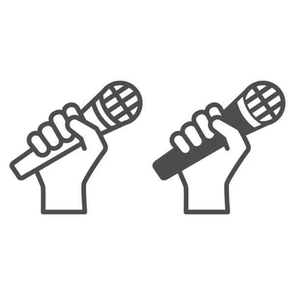 Microfoon in de hand lijn en solide pictogram, sound design concept, hand holding mic vector teken op witte achtergrond, outline stijl pictogram voor mobiele concept en web design. vectorgrafieken. — Stockvector