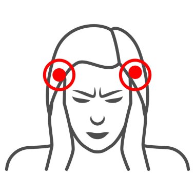 Kadın tapınakları ince çizgi ikonunu, vücut ağrısı kavramını, beyaz arka plandaki tapınak vektör işaretini, mobil konsept ve web tasarımı için taslak stil ikonunu incitiyor. Vektör grafikleri.