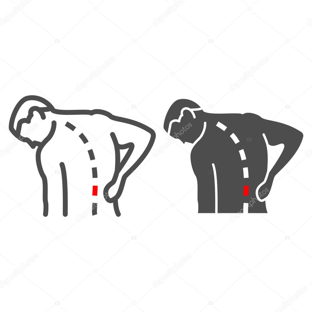 Lower back hurts line and solid icon, body pain concept, spinal pain vector sign on white background, outline style icon for mobile concept and web design. Vector graphics