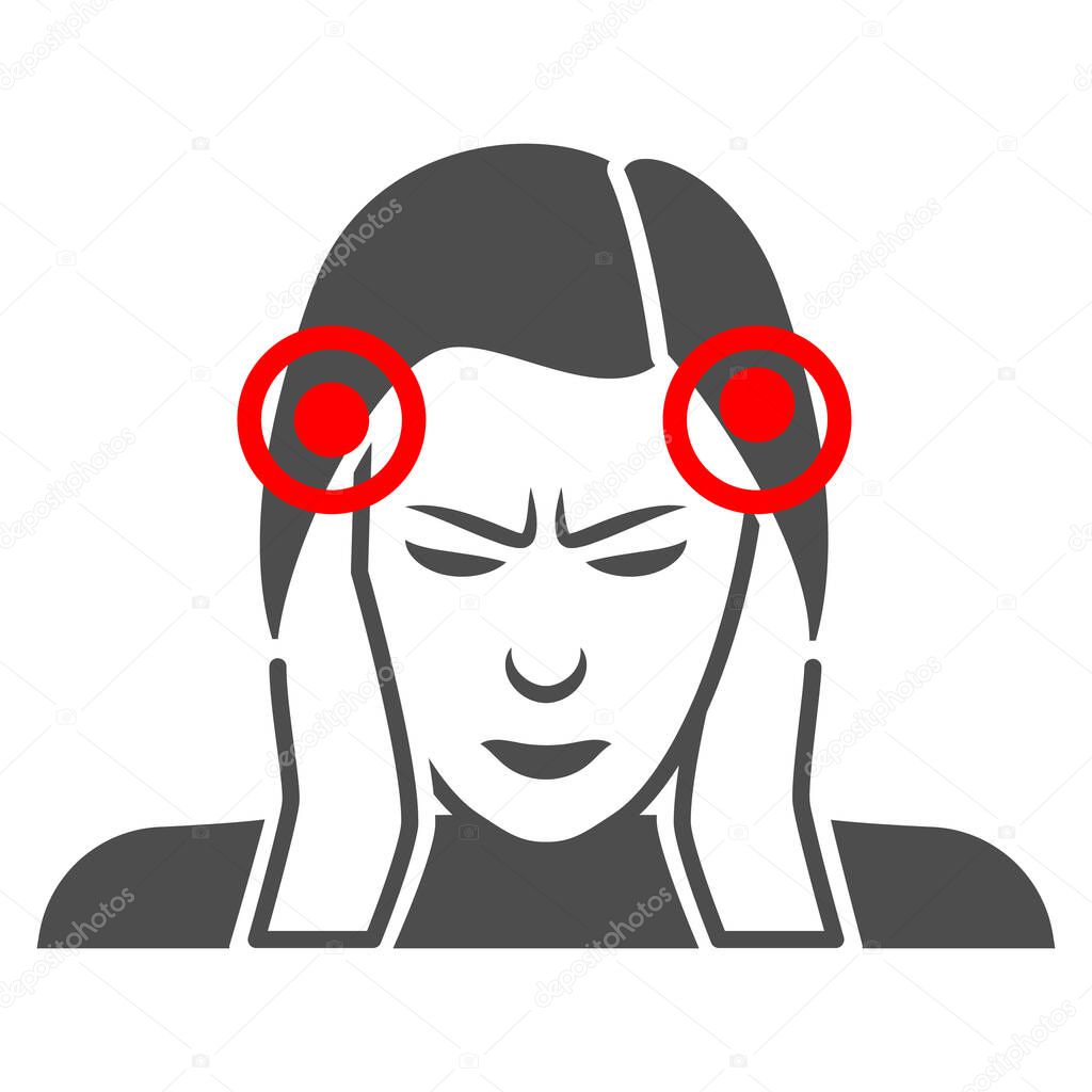 Woman temples hurt solid icon, body pain concept, person has pain in the temples vector sign on white background, glyph style icon for mobile concept and web design. Vector graphics.