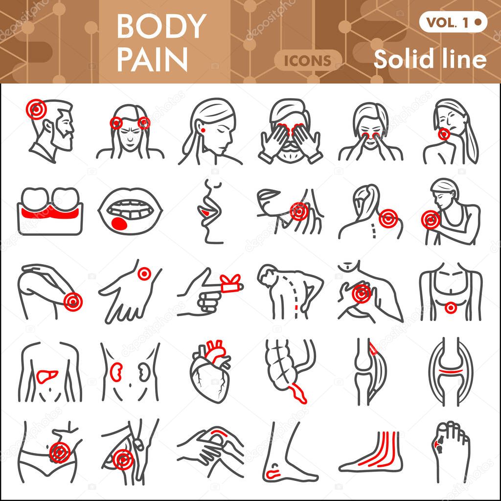 Body pain line icon set, human diseases symbols collection or sketches. Ache solid line linear style signs for web and app. Vector graphics isolated on white background