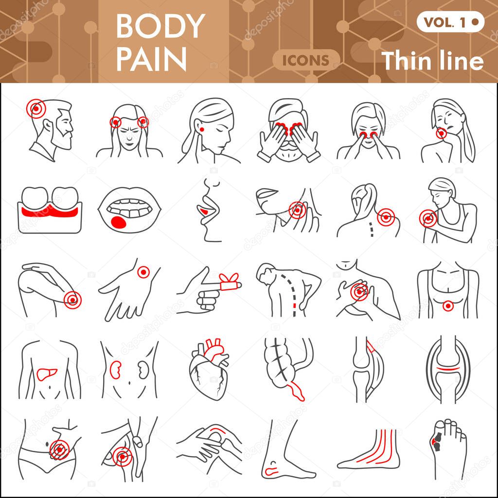 Body pain line icon set, human diseases symbols collection or sketches. Ache thin line linear style signs for web and app. Vector graphics isolated on white background