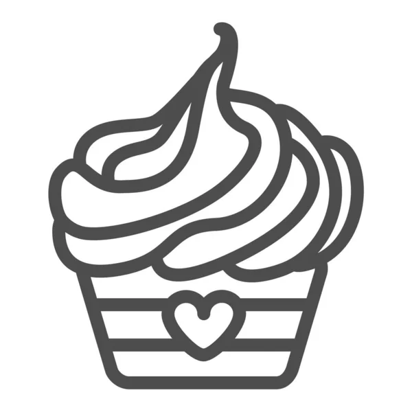 Cupcake with whipped cream frosting and heart line icon, pastry concept, muffin vector sign on white background, outline style icon for mobile concept and web design. Vector graphics. — Stock Vector