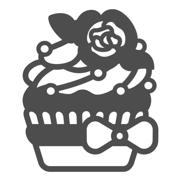 Cupcake with rose, sugar beads sprinkles and bow solid icon, pastry concept, muffin vector sign on white background, glyph style icon for mobile concept and web design. Vector graphics. — Stock Vector