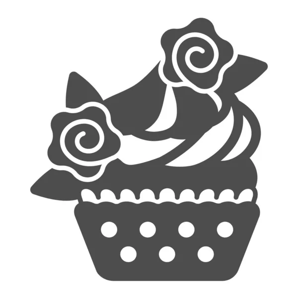 霜降り、花と葉の装飾固体アイコン、ペストリーコンセプト、白の背景にマフィンベクトルサイン、モバイルコンセプトとウェブデザインのためのグリフスタイルのアイコンを持つカップケーキ。ベクトルグラフィックス. — ストックベクタ