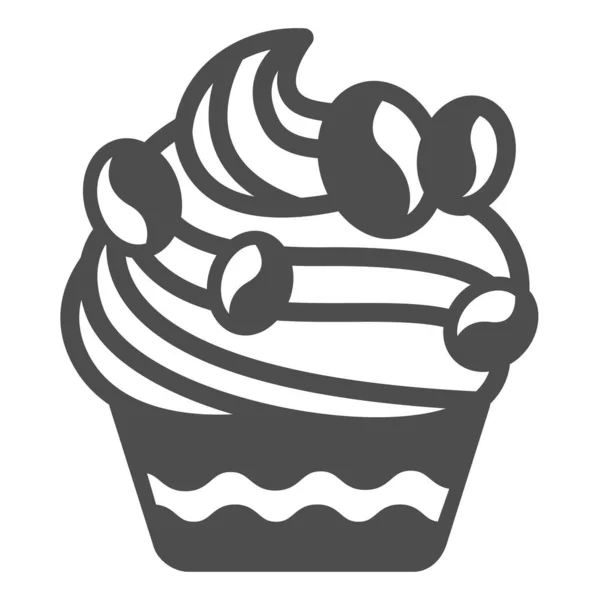 Coffee flavored cupcake with coffee beans frosting solid icon, pastry concept, muffin vector sign on white background, glyph style icon for mobile concept and web design. Vector graphics. — Stock Vector