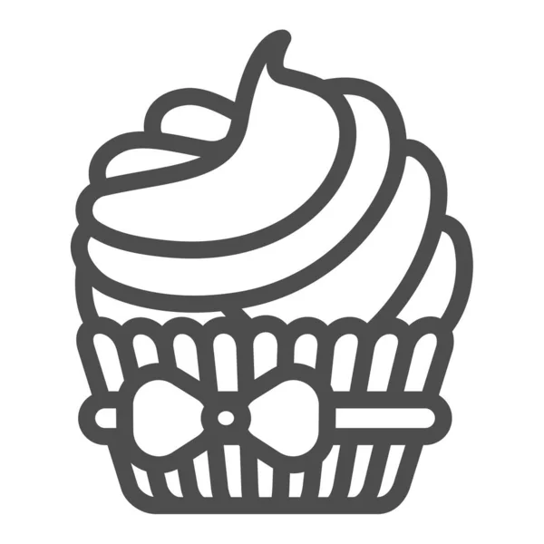 Cupcake mit Schleife und Sahne Zuckerguss Linie Symbol, Gebäckkonzept, cremige Muffin Zuckerguss Vektor Zeichen auf weißem Hintergrund, Umriss Stil-Symbol für mobile Konzept und Web-Design. Vektorgrafik. — Stockvektor