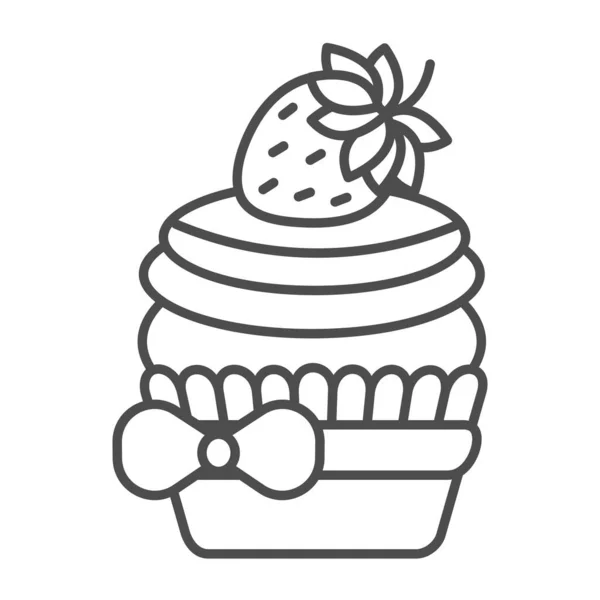 Magdalena de fresa con glaseado y arco icono de línea delgada, concepto de pastelería, fruta muffin signo vectorial sobre fondo blanco, icono de estilo de esquema para el concepto móvil y diseño web. Gráficos vectoriales. — Vector de stock