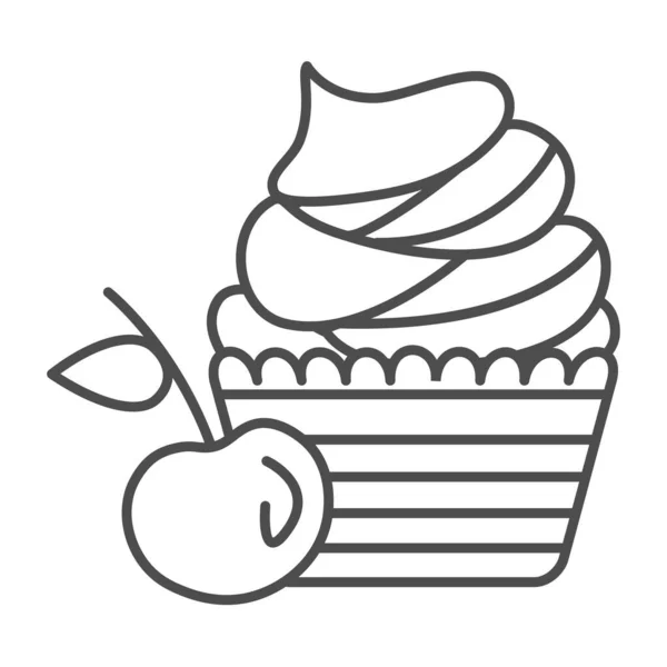 Cupcake ciliegia con panna montata glassa sottile icona linea, concetto di pasticceria, segno vettore muffin ciliegia su sfondo bianco, icona di stile contorno per il concetto di mobile e web design. Grafica vettoriale. — Vettoriale Stock