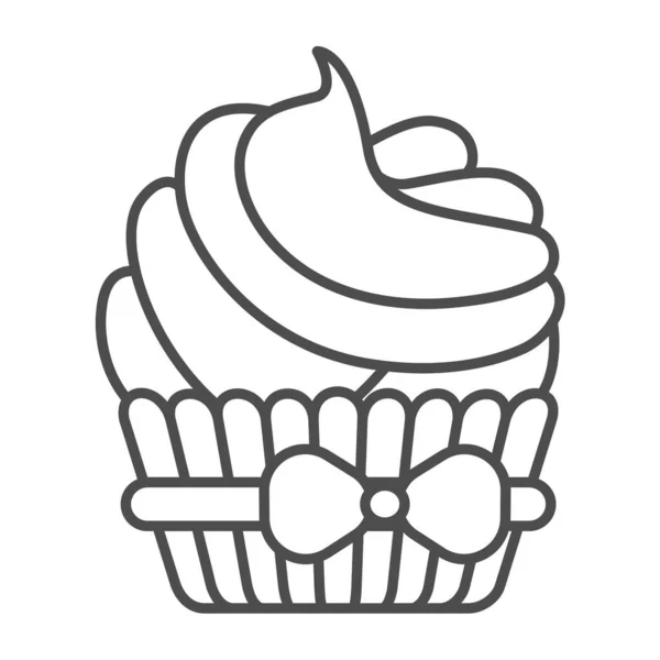 Cupcake with bow and cream frosting thin line icon, pastry concept, creamy muffin icing vector sign on white background, outline style icon for mobile concept and web design. Vector graphics. — Stock Vector