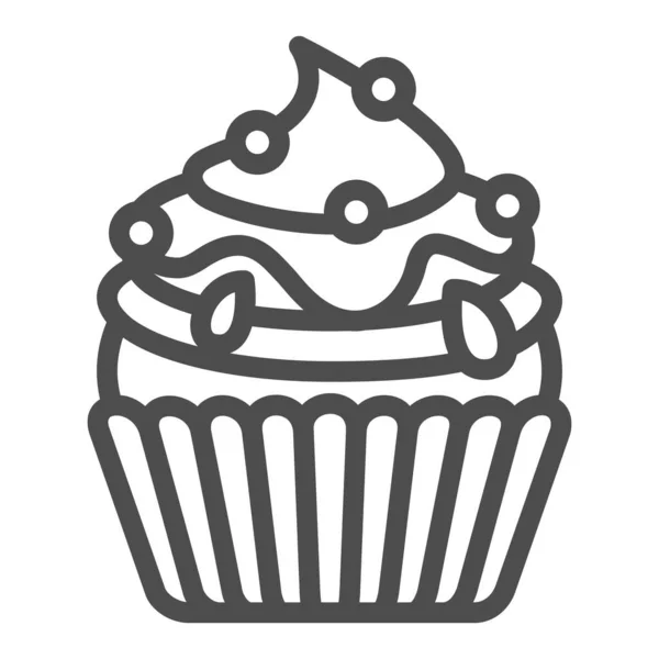 Cupcake met jam en suiker kralen hagelslag lijn pictogram, gebak concept, pluizig muffin vector teken op witte achtergrond, outline stijl pictogram voor mobiele concept en web design. vectorgrafieken. — Stockvector