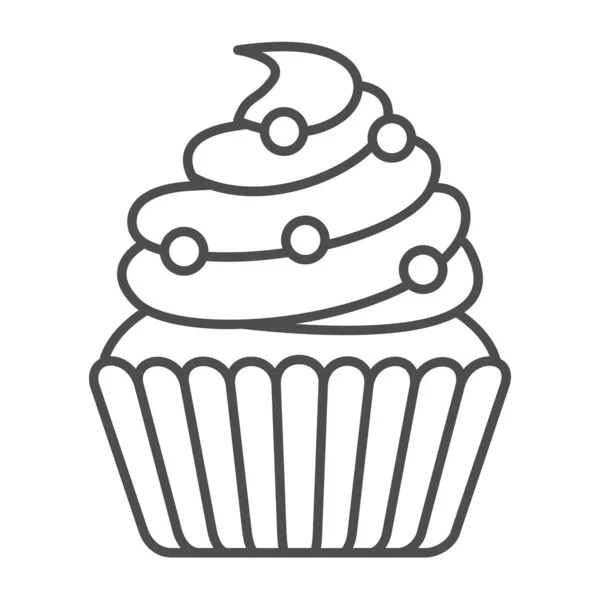 Dortík se šlehačkou a cukernými kuličkami tenká čára ikona, koncept pečiva, muffinová poleva vektorová značka na bílém pozadí, obrysová ikona pro mobilní koncept a web design. Vektorová grafika. — Stockový vektor