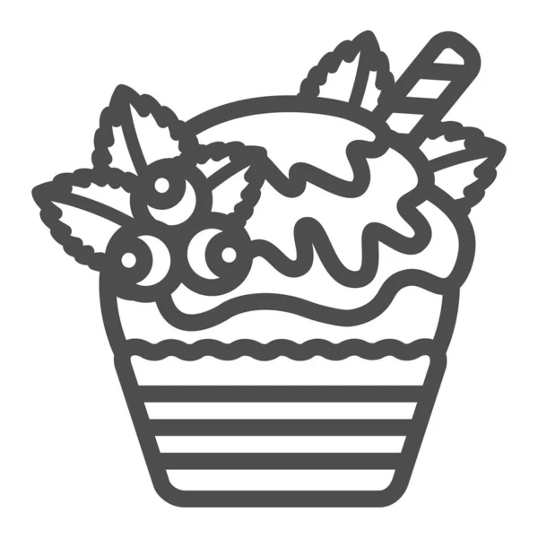 Jul cupcake med frosting og kristtjørn bær linje ikon, wienerbrød koncept, muffin vektor tegn på hvid baggrund, skitse stil ikon for mobil koncept og webdesign. Vektorgrafik. – Stock-vektor