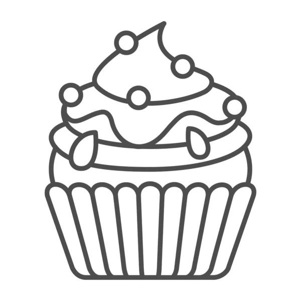 Cupcake with jam and sugar beads sprinkles thin line icon, pastry concept, fluffy muffin vector sign on white background, outline style icon for mobile concept and web design. Vector graphics. — Stock Vector