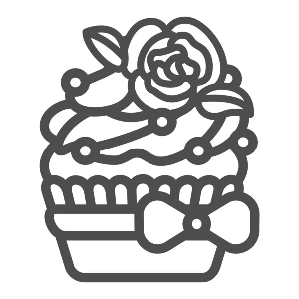 Cupcake con rosa, zuccherino perline spruzza e fiocco icona linea, concetto di pasticceria, muffin segno vettoriale su sfondo bianco, icona di stile contorno per il concetto di mobile e web design. Grafica vettoriale. — Vettoriale Stock