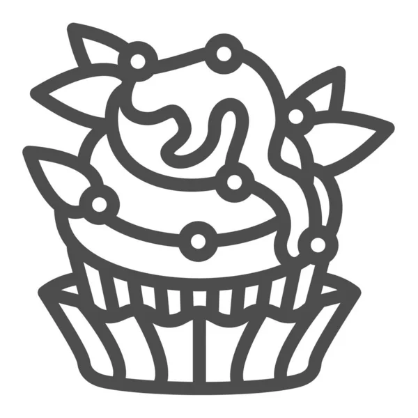Cupcake with frosting, sugar beads and leaves deco line icon, pastry concept, muffin vector sign on white background, outline style icon for mobile concept and web design. Vector graphics. — Stock Vector