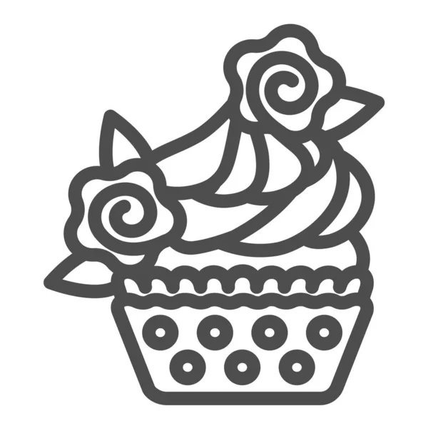 Cupcake with frosting, flower and leaves decoration line icon, pastry concept, muffin vector sign on white background, outline style icon for mobile concept and web design. Vector graphics. — Stock Vector