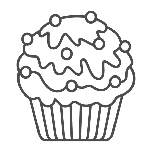 Cupcake met witte en pure chocolade, suikerkralen dunne lijn pictogram, gebak concept, muffin vector teken op witte achtergrond, outline stijl pictogram voor mobiele concept en web design. vectorgrafieken. — Stockvector