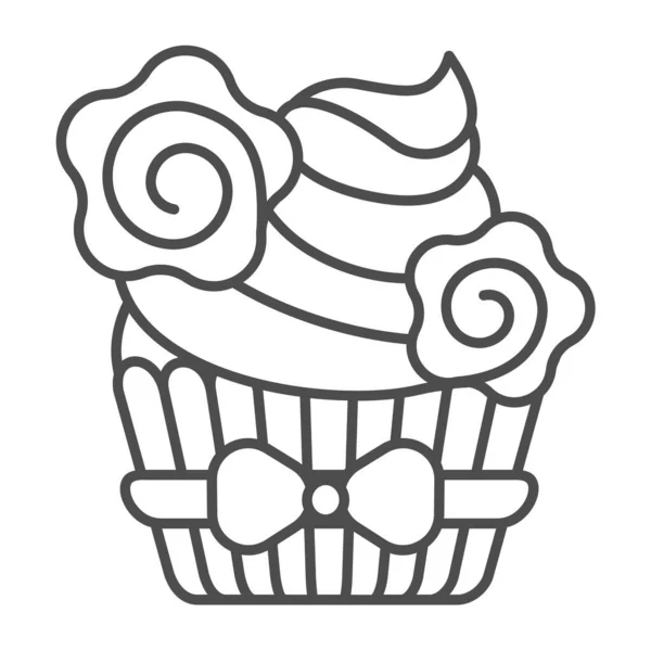 Cupcake mit Schlagsahne und Blumen-Deko mit Schleife dünne Linie Symbol, Gebäckkonzept, Muffin-Vektor-Zeichen auf weißem Hintergrund, Umriss Stil-Symbol für mobile Konzept und Web-Design. Vektorgrafik. — Stockvektor
