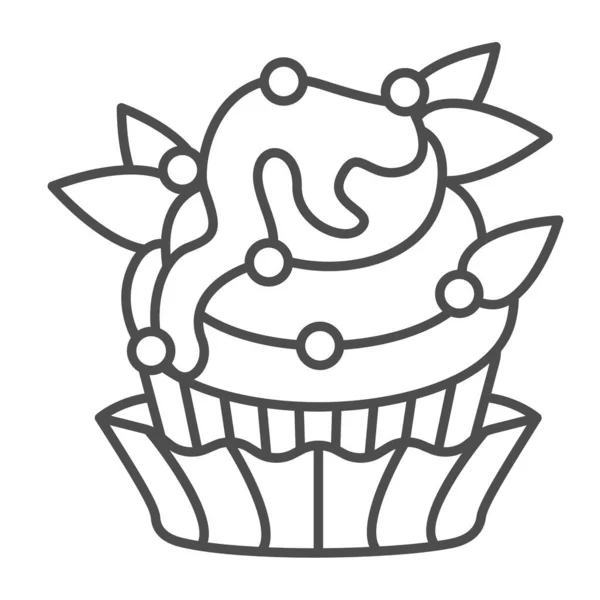Cupcake con glaseado, cuentas de azúcar y hojas deco icono de línea delgada, concepto de pastelería, Muffin vector signo sobre fondo blanco, icono de estilo de esquema para el concepto móvil y diseño web. Gráficos vectoriales. — Vector de stock