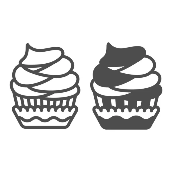 Cupcake com geada e linha de chips de chocolate e ícone sólido, conceito de pastelaria, sinal de vetor de gelo de muffin no fundo branco, ícone de estilo de contorno para o conceito móvel e web design. Gráficos vetoriais. — Vetor de Stock