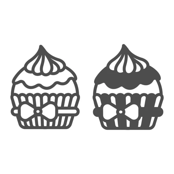 Cupcake with chocolate and whipped cream with bow line and solid icon, pastry concept, muffin vector sign on white background, outline style icon for mobile concept and web design. Vector graphics. — Stock Vector