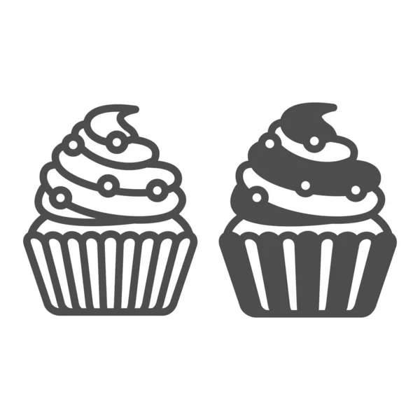 Dortík se šlehačkou a cukernými perlemi linie a pevná ikona, koncept pečiva, muffin poleva vektorové znamení na bílém pozadí, obrys styl ikony pro mobilní koncept a web design. Vektorová grafika. — Stockový vektor