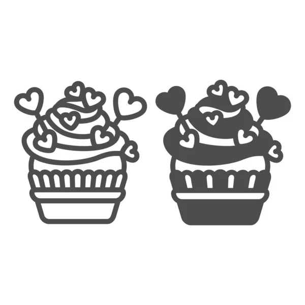 Cupcake with frosting, heart on stick and sprinkles line and solid icon, pastry concept, muffin vector sign on white background, outline style icon for mobile concept and web design. Vector graphics. — Stock Vector