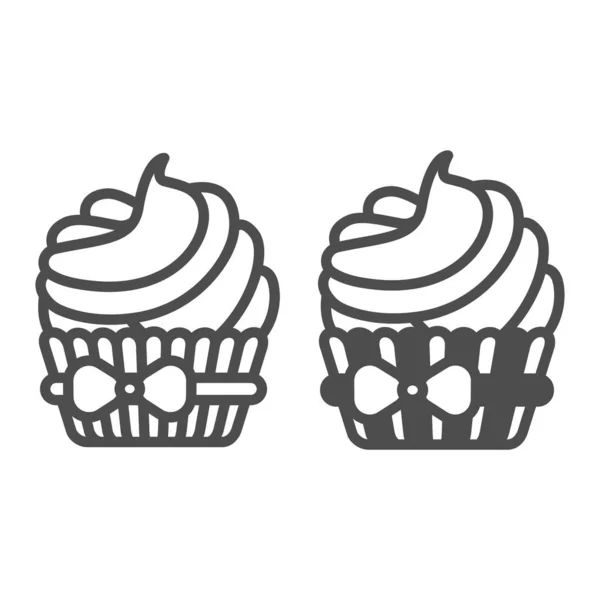 Cupcake with bow and cream frosting line and solid icon, pastry concept, creamy muffin icing vector sign on white background, outline style icon for mobile concept and web design. Vector graphics. — Stock Vector