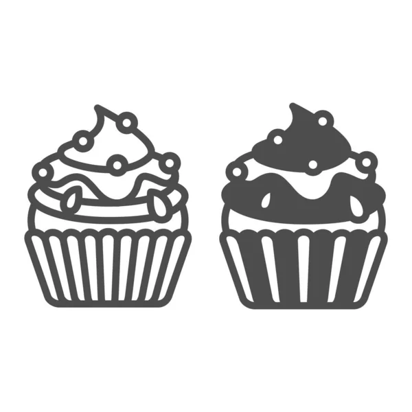 Cupcake with jam and sugar beads sprinkles line and solid icon, pastry concept, fluffy muffin vector sign on white background, outline style icon for mobile concept and web design. Vector graphics. — Stock Vector