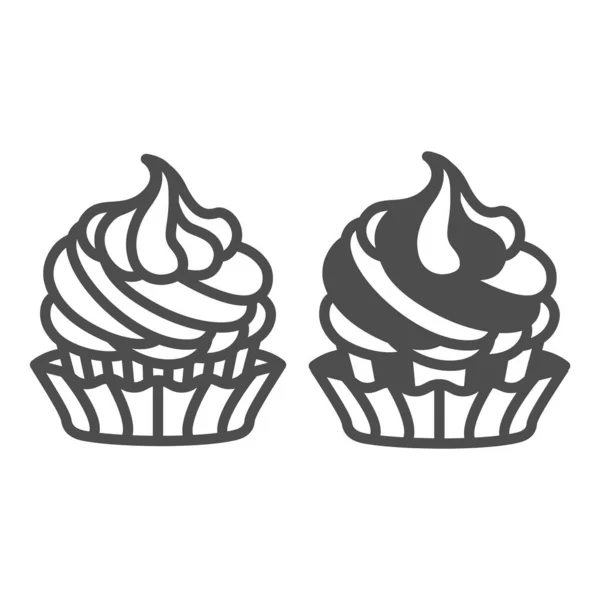 Cupcake with whipped cream frosting line and solid icon, pastry concept, muffin with icing vector sign on white background, outline style icon for mobile concept and web design. Vector graphics. — Stock Vector