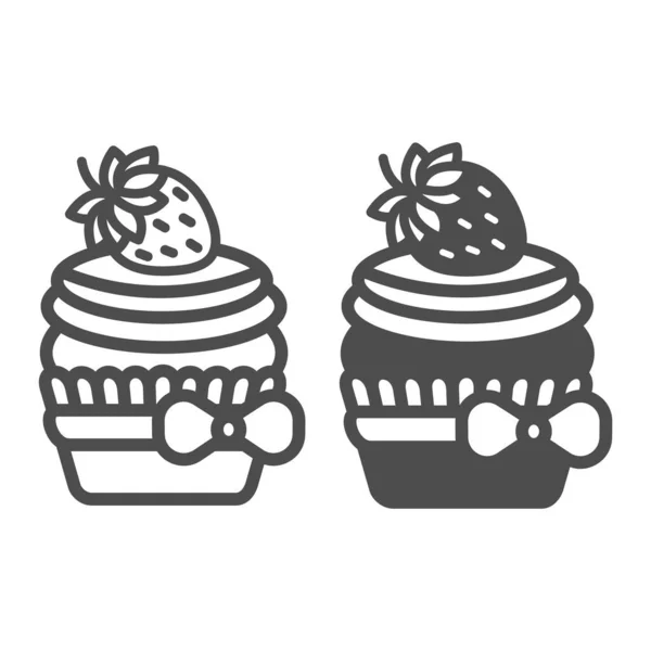 Strawberry cupcake with frosting and bow line and solid icon, pastry concept, fruit muffin vector sign on white background, outline style icon for mobile concept and web design. Vector graphics. — Stock Vector