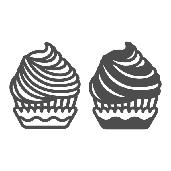 Cupcake con linea di glassa crema e icona solida, concetto di pasticceria, muffin con segno vettore di glassa su sfondo bianco, icona di stile di contorno per concetto mobile e web design. Grafica vettoriale. — Vettoriale Stock