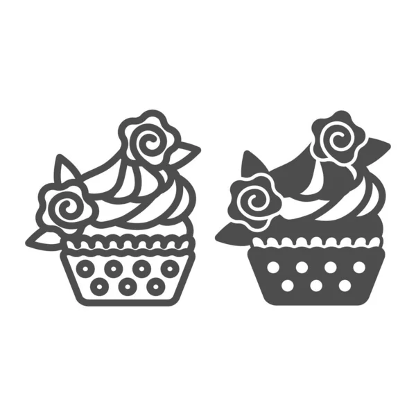 霜降り、花や葉の装飾ラインと固体アイコン、ペストリーのコンセプト、白い背景にマフィンベクトルサイン、モバイルコンセプトとウェブデザインのためのアウトラインスタイルアイコンを持つカップケーキ。ベクトルグラフィックス. — ストックベクタ
