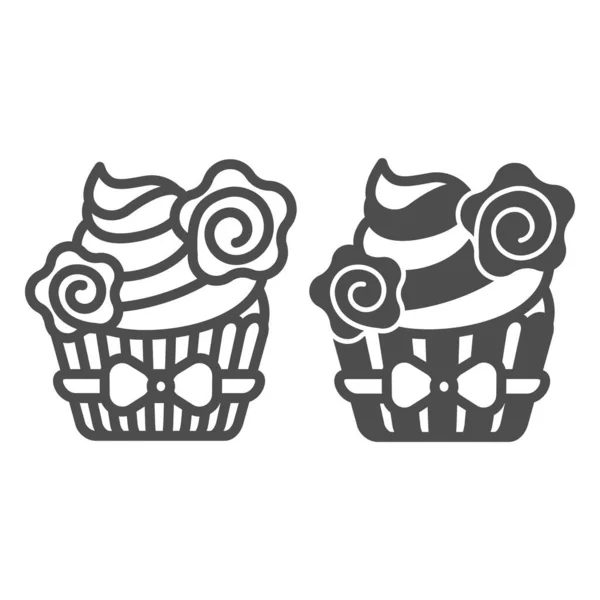 Cupcake with whipped cream and flower deco with bow line and solid icon, pastry concept, muffin vector sign on white background, outline style icon for mobile concept and web design. Vector graphics. — Stock Vector