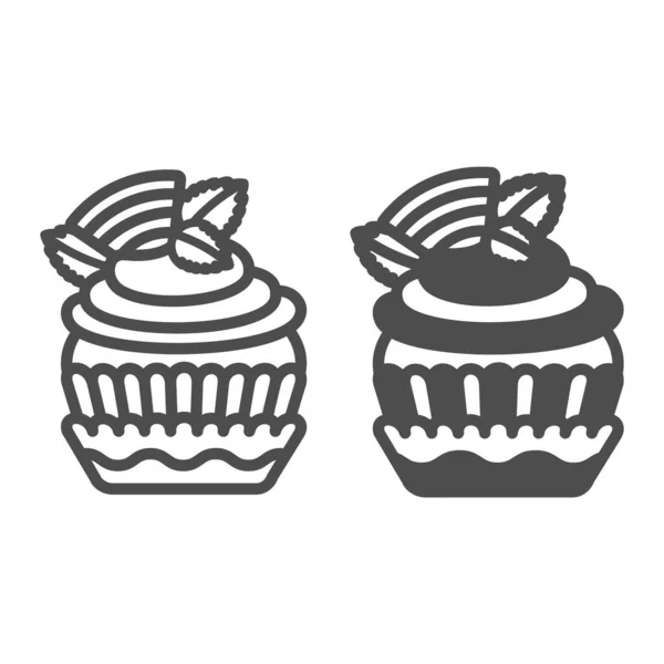 Cupcake with fruit jelly and mint line and solid icon, pastry concept, fruit jam muffin vector sign on white background, outline style icon for mobile concept and web design. Vector graphics. — Stock Vector