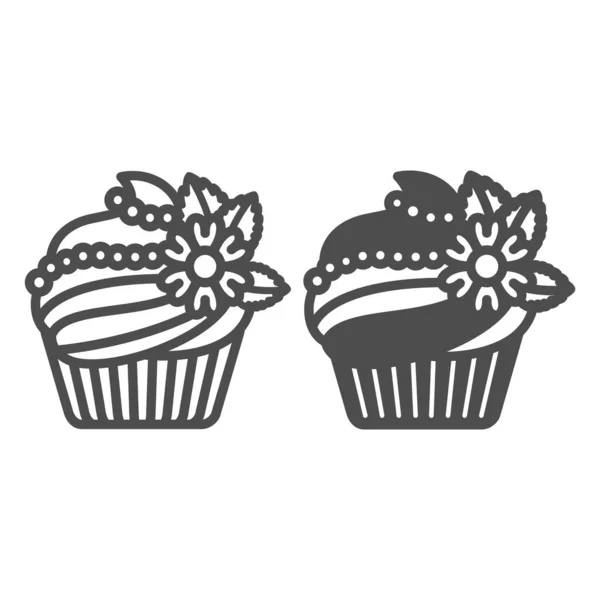 Cupcake with frosting, flower and sugar beads deco line and solid icon, pastry concept, muffin vector sign on white background, outline style icon for mobile concept and web design. Vector graphics. — Stock Vector