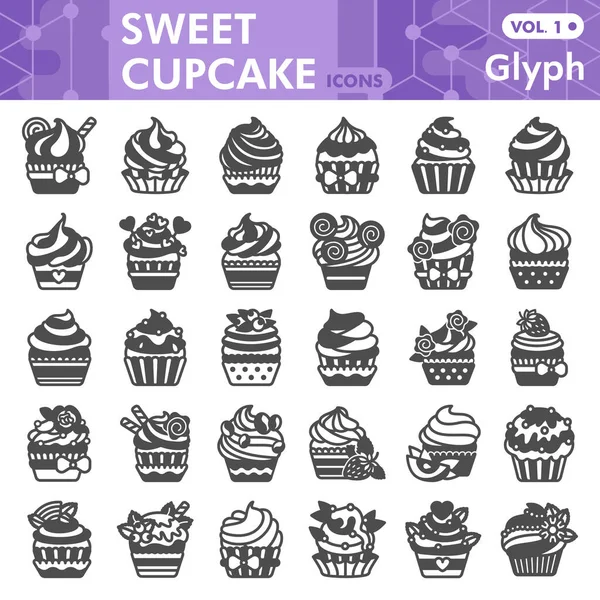 Sweet cupcake line icon set, fancy pastry symbols collection or sketches. Muffin with frosting glyph with headline linear style signs for web and app. Vector graphics isolated on white background. — Stock Vector