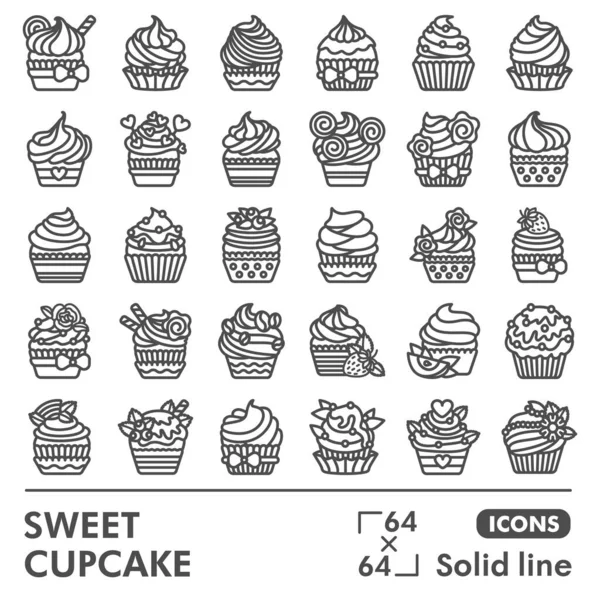 Sweet cupcake line icon set, fancy pastry symbols collection or sketches. Muffin with frosting solid line linear style signs for web and app. Vector graphics isolated on white background. — Stock Vector