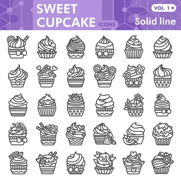 Sweet cupcake line icon set, pastry symbols collection or sketches. Muffin with frosting solid line with headline linear style signs for web and app. Vector graphics isolated on white background. — Stock Vector