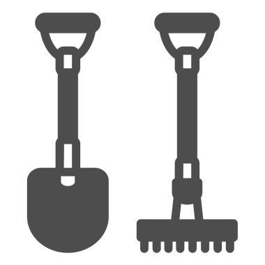Kürek ve tırmık bahçe araçları katı ikon, bahçe konsepti, beyaz arka planda bahçe küreği ve çatal vektör işareti, mobil konsept ve web tasarımı için glyph tarzı simge. Vektör grafikleri.
