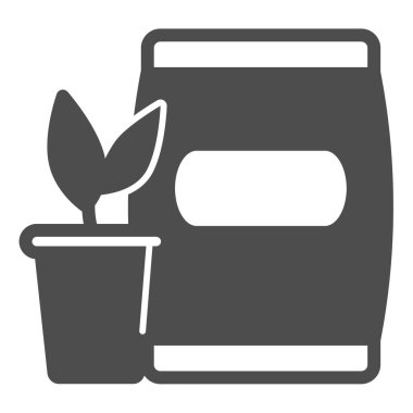 Beyaz arka planda filiz ve toprak katı ikon dolu çanak çömlek, bahçıvanlık kavramı, tohum ve gübre taşıyıcı işareti, mobil konsept ve web tasarımı için glyph tarzı simge. Vektör grafikleri.