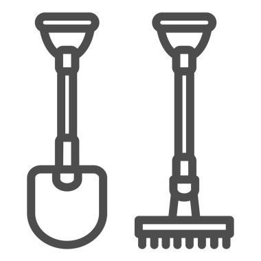 Kürek ve tırmık bahçe aletleri çizgisi ikonu, bahçe konsepti, beyaz arka planda bahçe küreği ve çatal vektör işareti, mobil konsept ve web tasarımı için taslak biçimi simgesi. Vektör grafikleri.