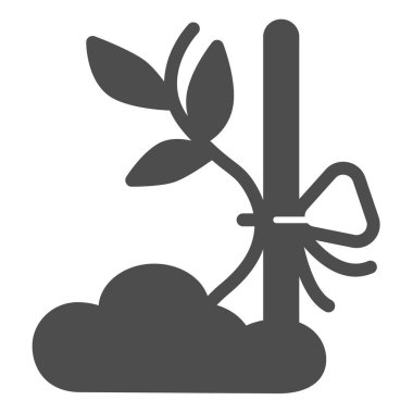 Katı ikona bağlı filizlenme, bahçıvanlık konsepti, beyaz arka planda sopa vektör işaretine bağlı bitki, mobil konsept ve web tasarımı için kabartma tarzı simge. Vektör grafikleri.