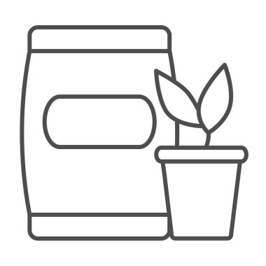 Filiz ve toprak ince çizgi ikonu dolu çanak çömlek, bahçıvanlık konsepti, beyaz arka planda filizlenme ve gübre taşıyıcı işareti, mobil konsept ve web tasarımı için tasarım tasarımı için taslak tarzı simgesi. Vektör grafikleri.